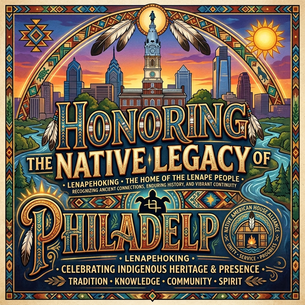 Artistic illustration honoring the Lenape legacy and indigenous heritage of Philadelphia with city skyline and symbolic elements